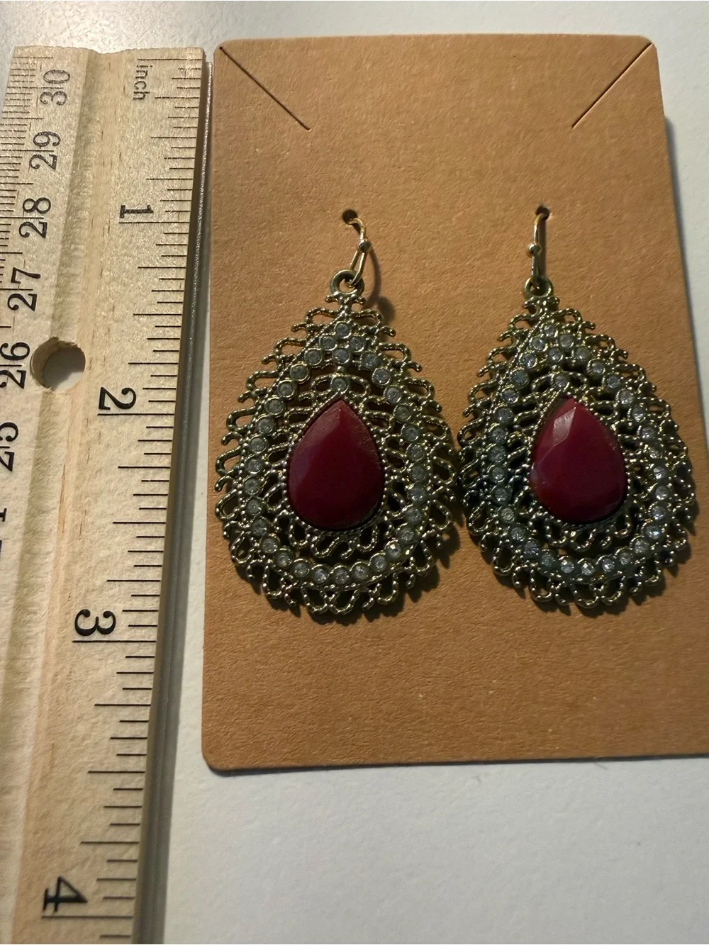 Elegant Gold Teardrop Earrings with Deep Pink Burgundy Gemstone - Women Jewelry